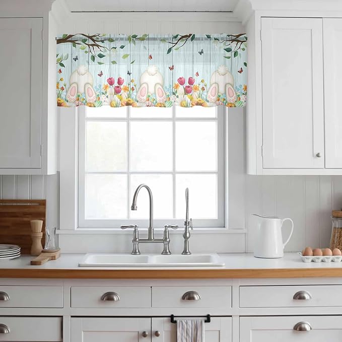 Easter Sheer Valances for Windows 42"x12", Light Filtering Kitchen Curtains