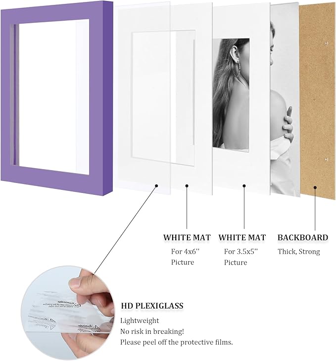 Egofine 4x6 Picture Frame Made of Solid Wood, Covered by Plexiglass Display Pictures 3.5x5 with Mat or 4x6 Without Mat for Table Top Display and Wall Mounting Photo Frame, Purple
