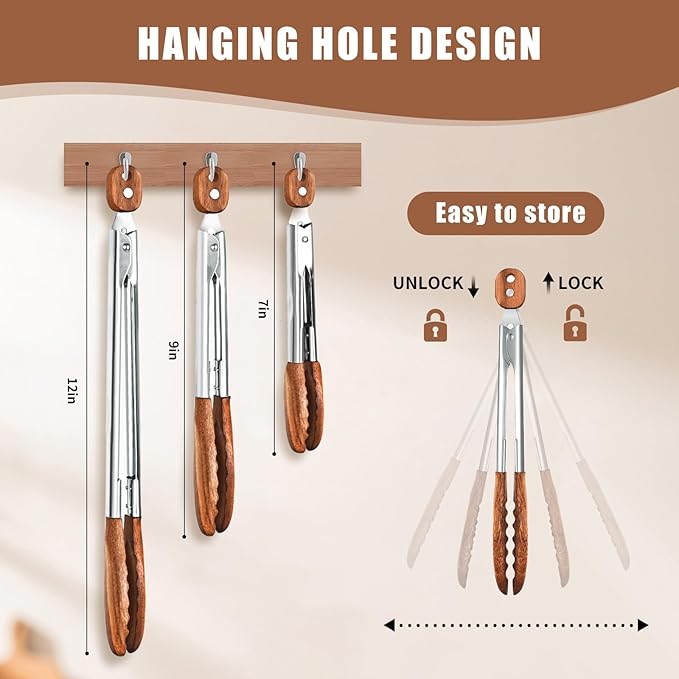 Wooden Tongs for Cooking 3PCS 7,9,12 Inch Natural Walnut Wood kitchen Tongs