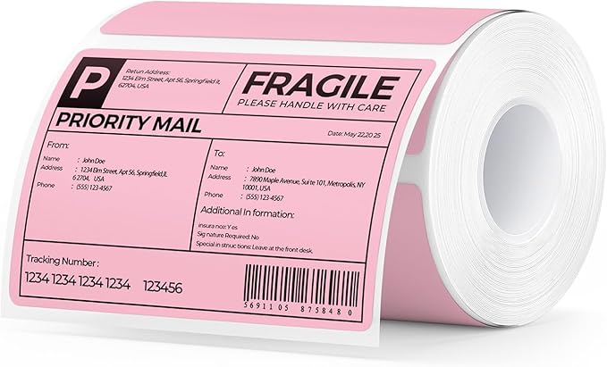 MUNBYN 4” X 3” Direct Thermal Labels, Thermal Printer Stickers, Strong Adhesive, Labels Paper for Mailing, Barcode, 500 Sheets/1 Roll, Pink