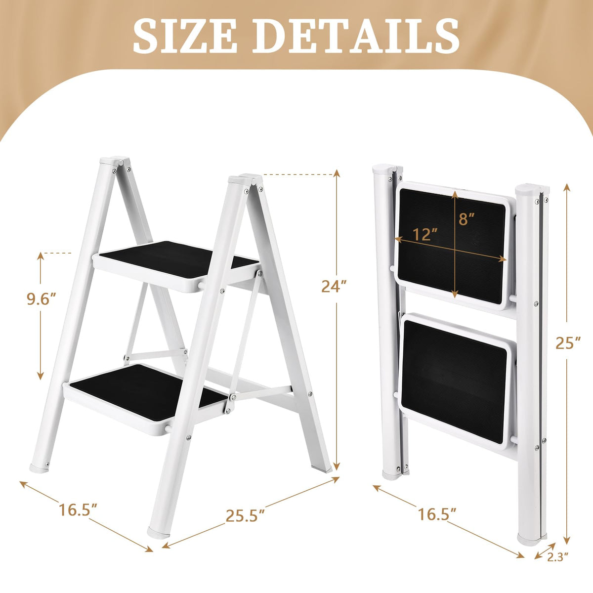 HBTower Step Ladder, Step Ladder Folding Step Stool, Portable Sturdy Steel Stool for Adults with Anti-Slip Wide Pedals Home Outdoor Kitchen, White