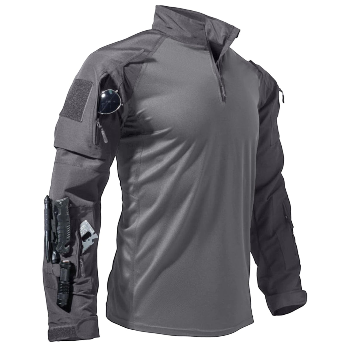 Men's Tactical Shirts Military Combat Shirt，1/4 Zipper Long Sleeve with Elbow Pads Top for Outdoor Paintball Airsoft Grey L