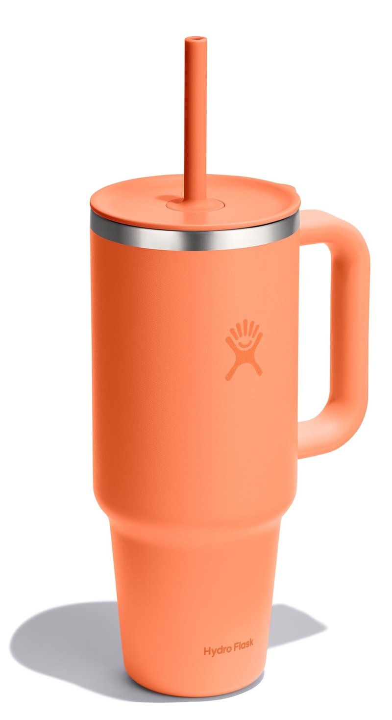 Hydro Flask Travel Tumbler with Handle, Lid and Straw - Insulated Stainless Steel in 40 Oz Nectar Orange