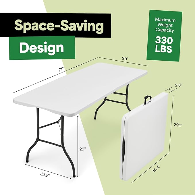 EconoHome White 6ft Folding Table with Handle | Heavy-Duty Foldable Table | Portable Table for Indoor & Outdoor Use | Perfect for Events, Camping, Parties, Dining & More