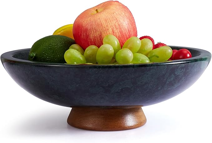 Green Marble Fruit Bowl with Acacia Wood Pedestal, Large Decorative Footed Bowl, Natural Stone Centerpiece for Kitchen Counter, Entryway, Keys, Dining Table, House Warming Gifts New Home(11Inch)
