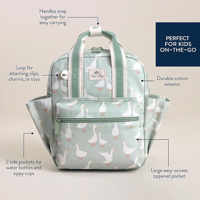 Itzy Ritzy Toddler Backpack - Daycare Bag - Features Adjustable Shoulder Straps, 2 Side Pockets & Spacious Interior with Wipeable Fabric Lining & Name Label, Goose