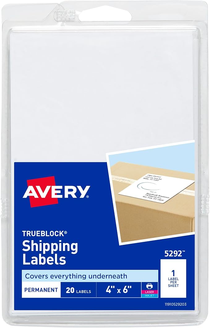 Avery Printable Shipping Labels, 4" x 6", White, 20 Blank Address Labels (05292)