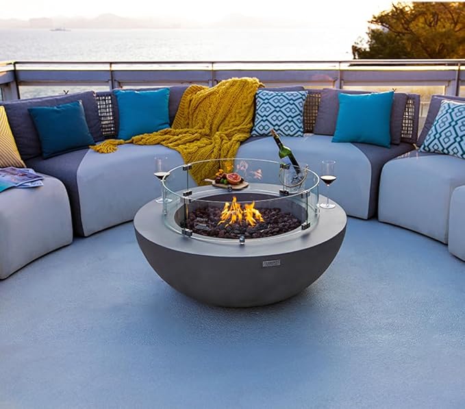 Elementi Lunar Bowl Fire Pit Bundle Outdoor Includes 42” Propane Concrete Firepit, Glass Windscreen, Stainless Steel Cover, Tank & Canvas Cover, Floor Mat and Beverage Tub
