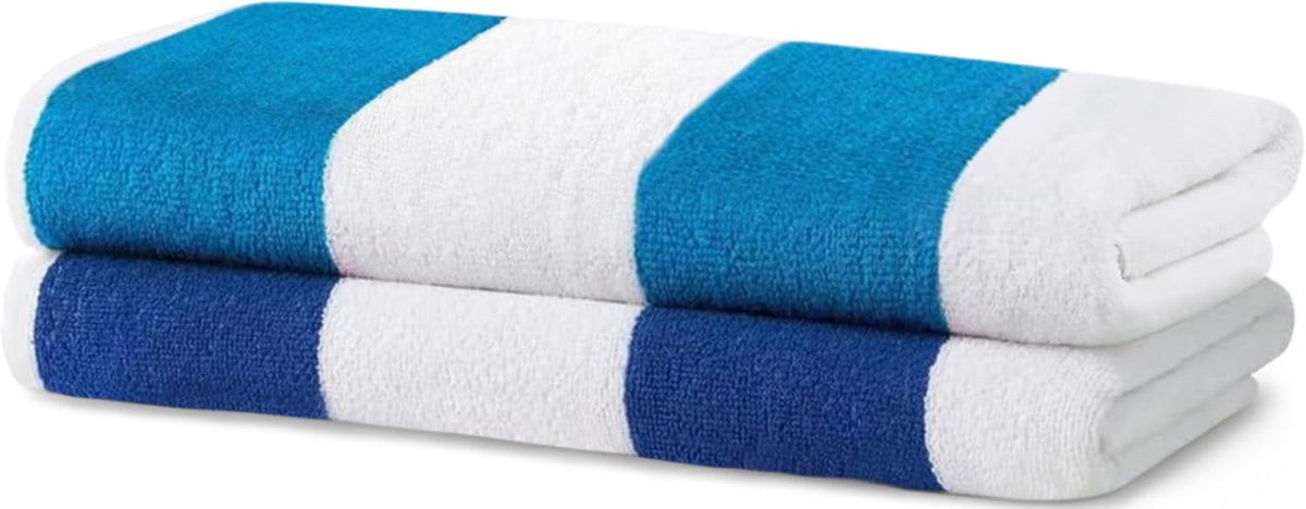 Kaufman - Large Beach Towel | 30" x 60" Terry Cabana Striped Beach Towels | Absorbent, Quick-Drying | 100% Cotton Thick Beach Towels (Blue/Turquoise, 2-Pack)