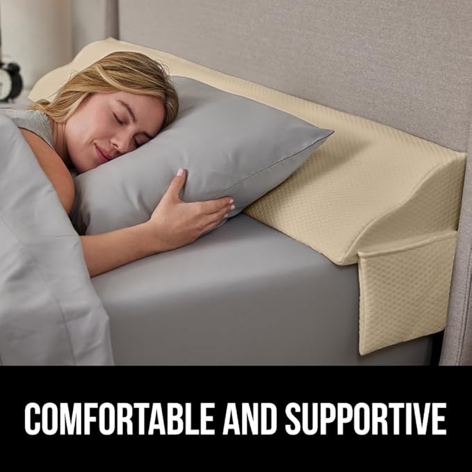 Gorilla Grip Headboard Gap Pillow and Bed Sheet Straps, Headboard Gap Pillow Size Queen Cream, Dense Foam Wedge, Sheet Fasteners 4 Pack Black, Adjustable Elastic with Metal Clips, 2 Item Bundle