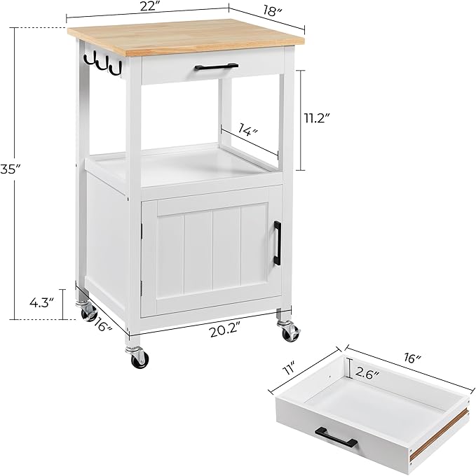 Yaheetech Kitchen Island Cart with Storage, Rolling Kitchen Island on Wheels with 6 Side Hooks, Wood Top Microwave Cart with Drawer for Dining Room, White