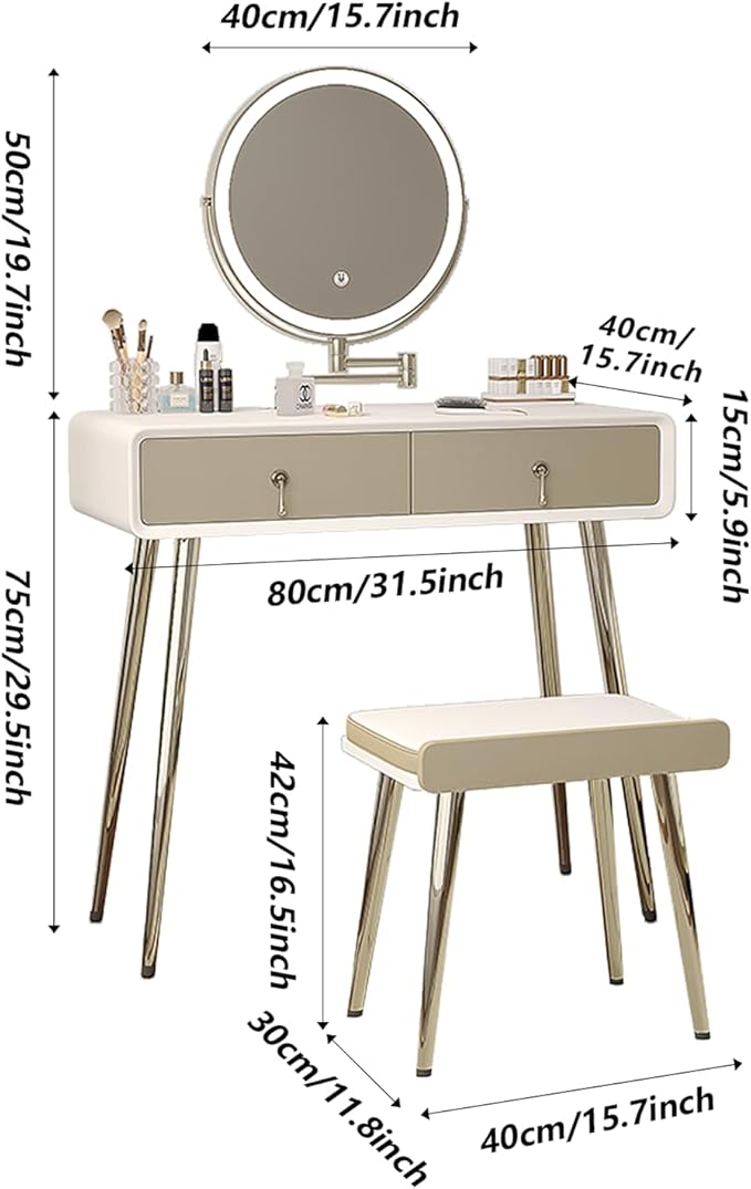 Vanity Desk with Adjustable Mirror and Lights, Makeup Vanity with 2 Drawers and Chair, Small Dressing Table with Leather Surface for Bedroom, 3 Lighting Modes