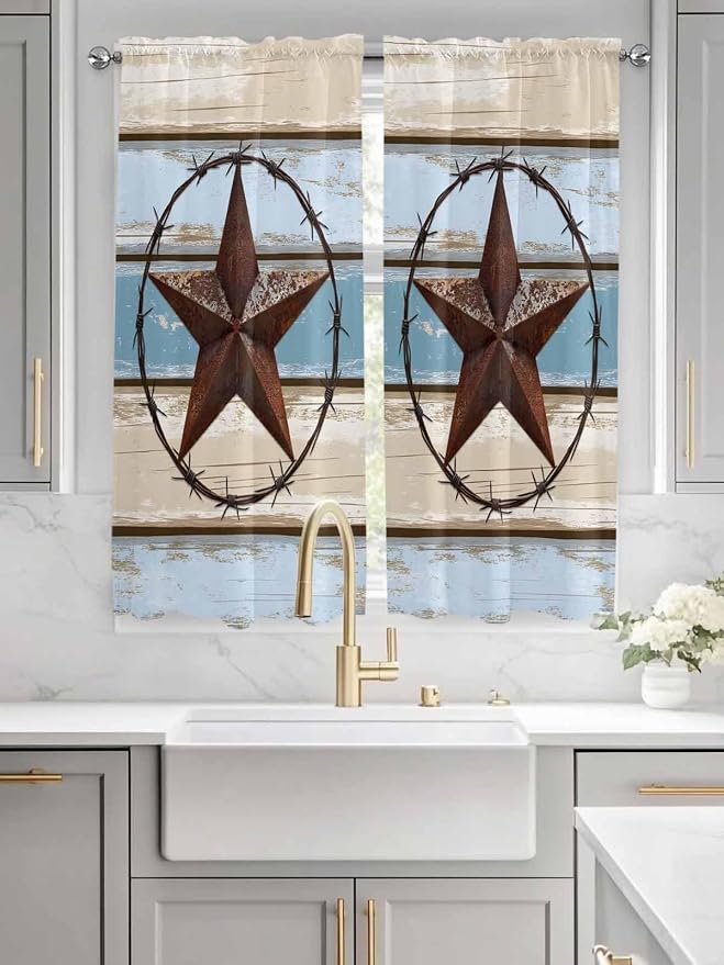 Vintage Western Star on Wood Grain Window Valance Curtains, Retro Wooden