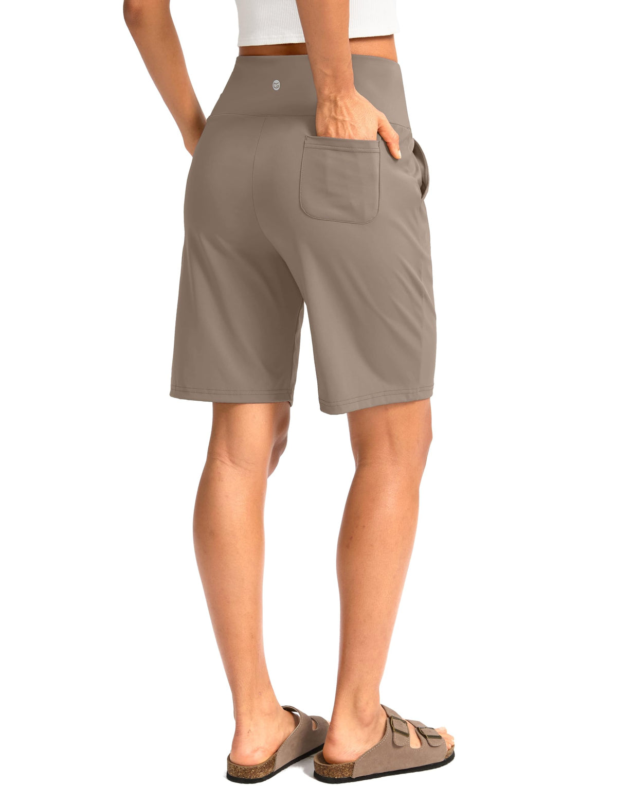 G Gradual Women's Bermuda Long Shorts with Pockets 9" High Waisted Knee Length Shorts for Women Walking Athletic Workout(Taupe,XL)