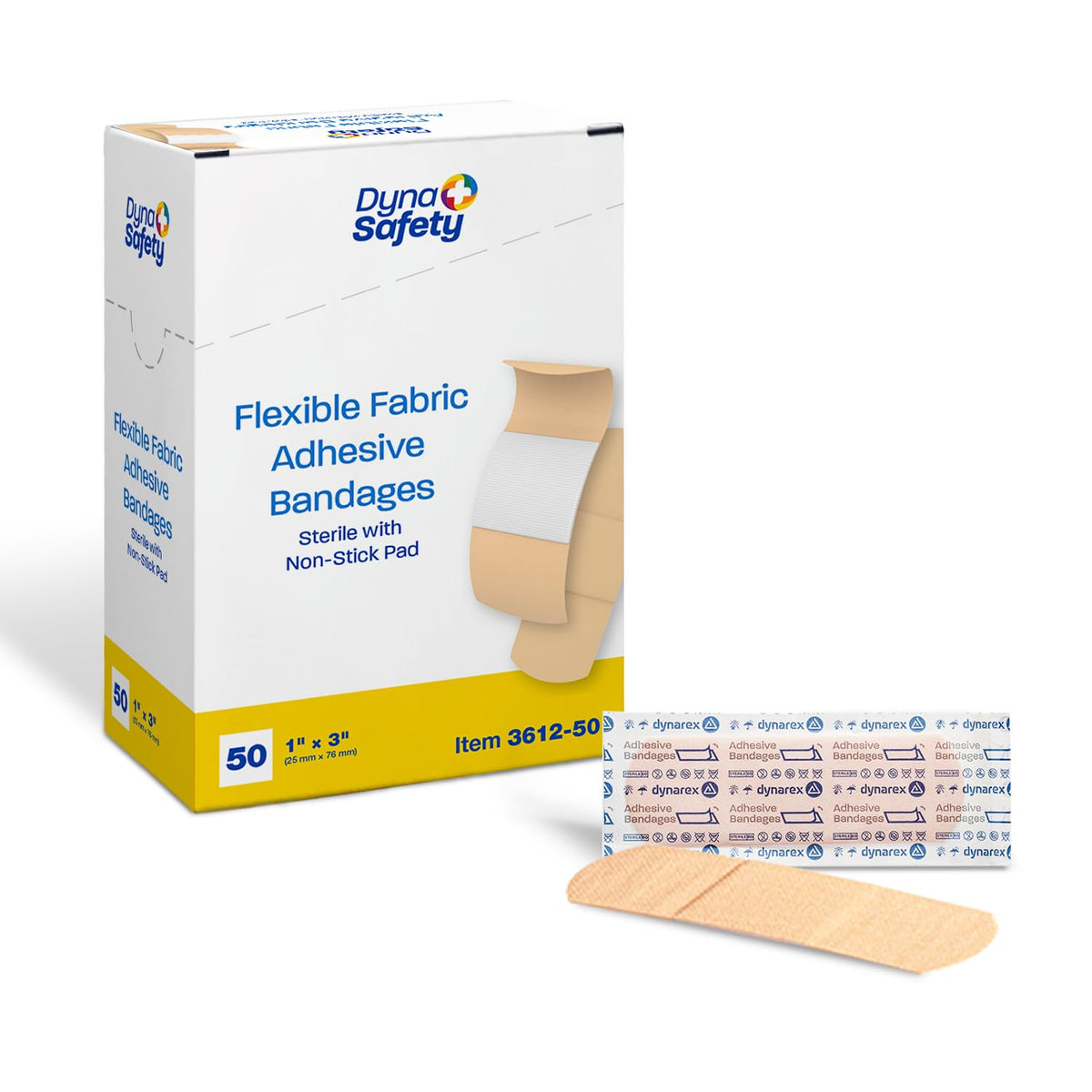 Dynarex Sterile Adhesive Fabric Bandages – 1" x 3" Flexible Wound Dressing for Minor Cuts, Breathable Material, Secure Fit with Non-Stick Pad, 1 Box of 50