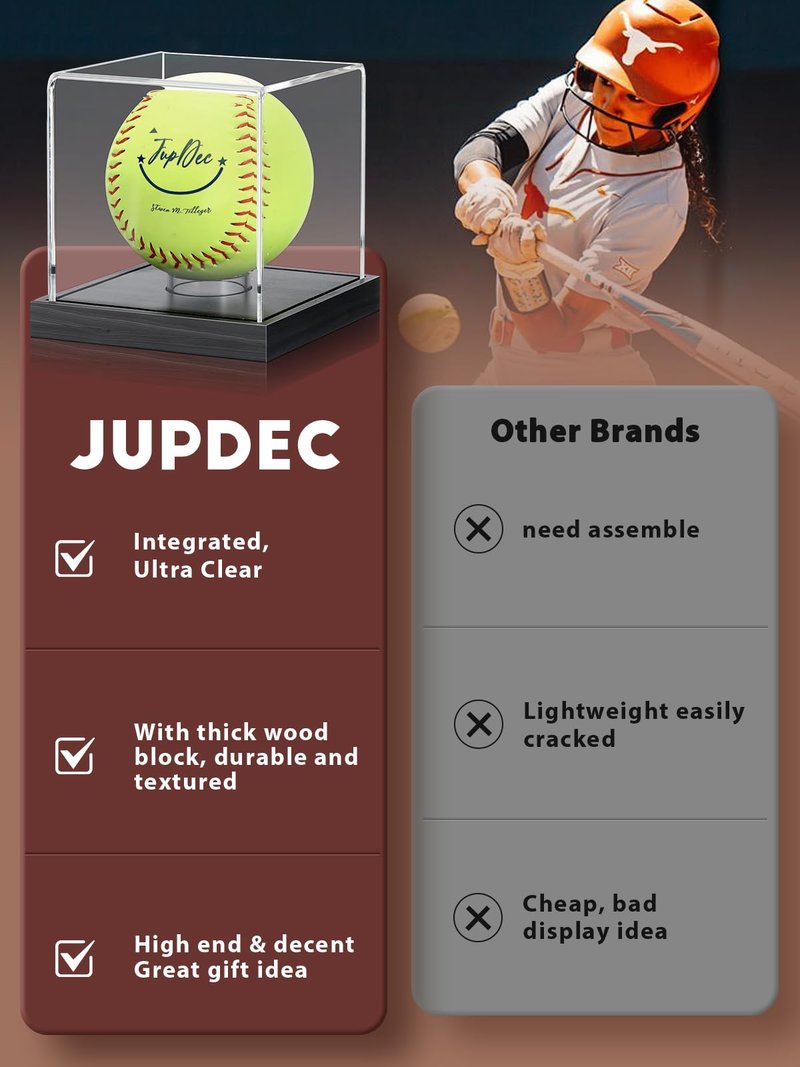 JupDec Softball Display Case Clear Acrylic Ball Holder, UV Protected Cube with Wood Base Stand, Championship Sports Collections Box Showcase, Black
