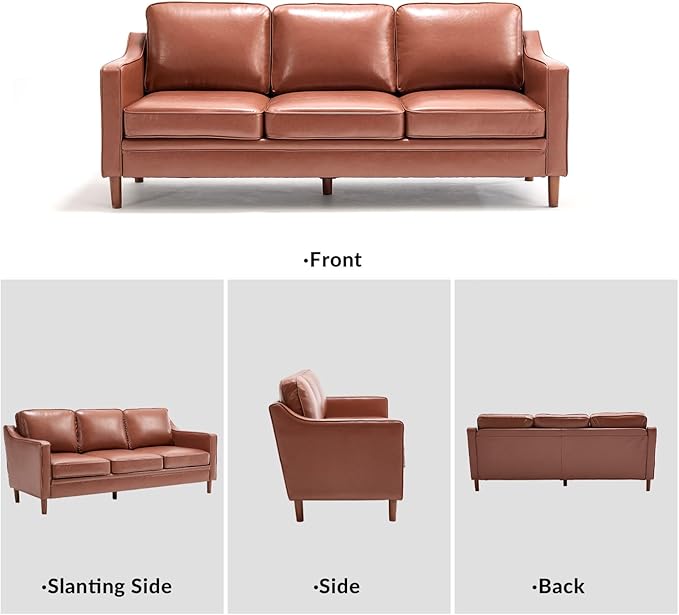 Kingfun 80" Faux Leather Sofa, 3 Seater Couch, Mid Century Modern Couches with Solid Wood Frame for Living Room & Bedroom, Dark Brown