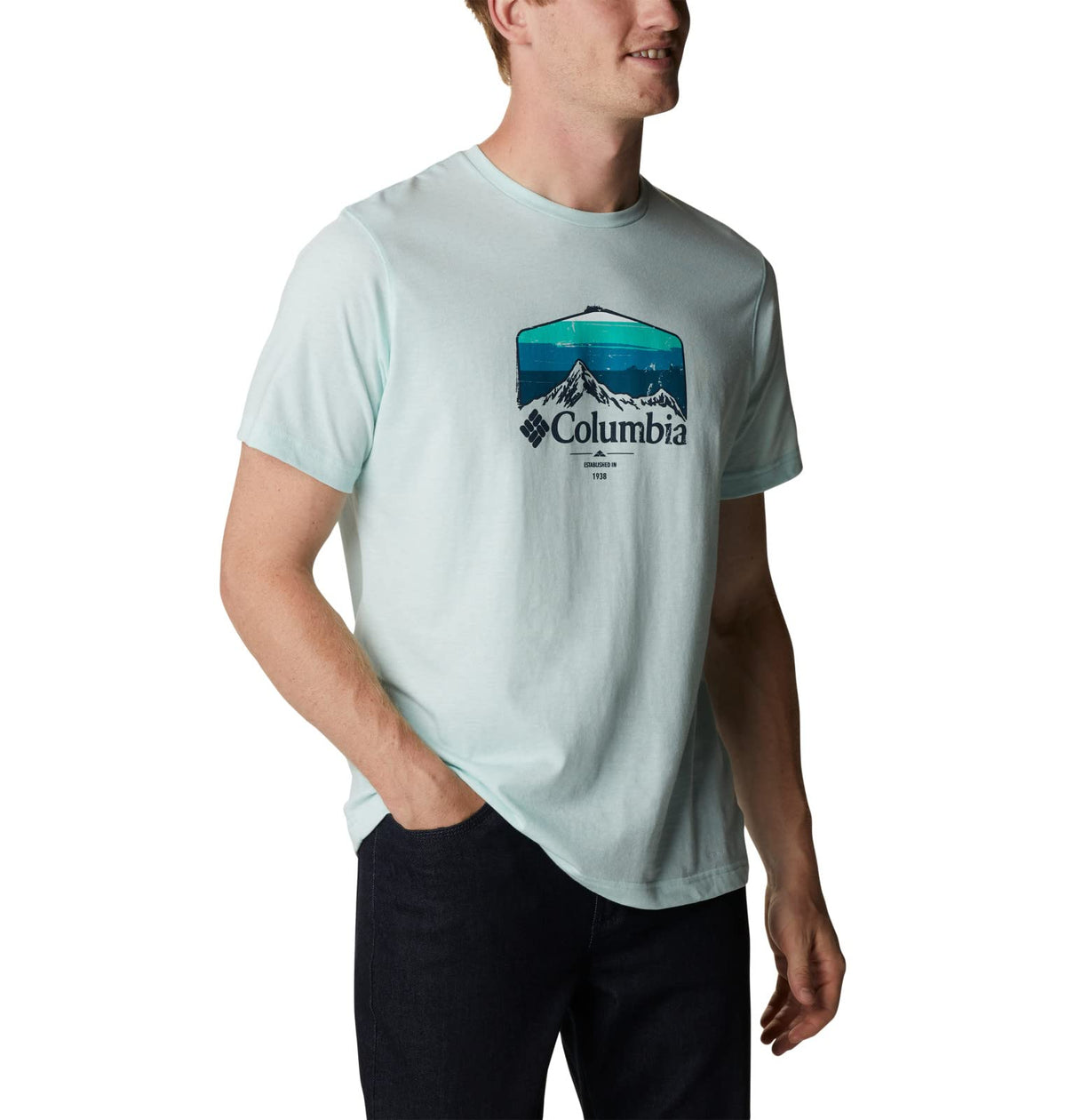 Columbia Men's Thistletown Hills Graphic Short Sleeve, ICY Morn Heather/Hikers Graphic, X-Small