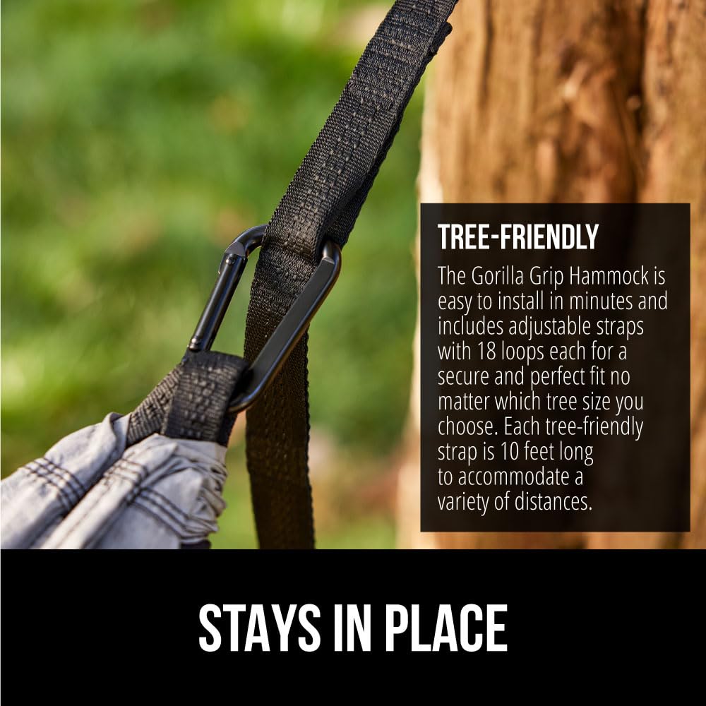 GORILLA GRIP Durable Camping Hammock with Heavy Duty Tree Straps, Portable Hammocks for Outside, Easy to Use Travel Swing Chair, Outdoor Camper Hiker Essentials, Backpacking Gear Gifts, Double, Black