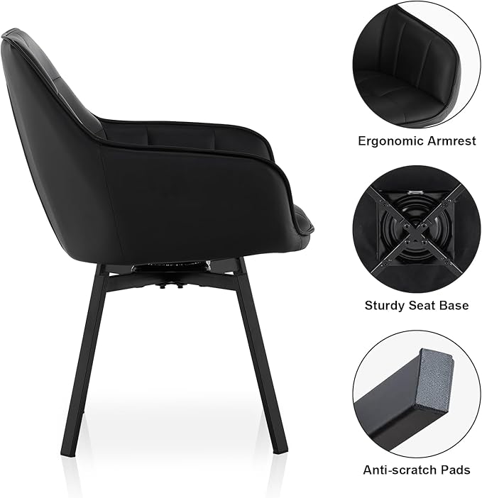 TUKAILAi Swivel Dining Chairs Set of 2, PU Armchairs Upholstered Accent Dining Chairs with Metal Legs, Rotatable Desk Chair for Home Office Kitchen Chair Restaurant (Black)