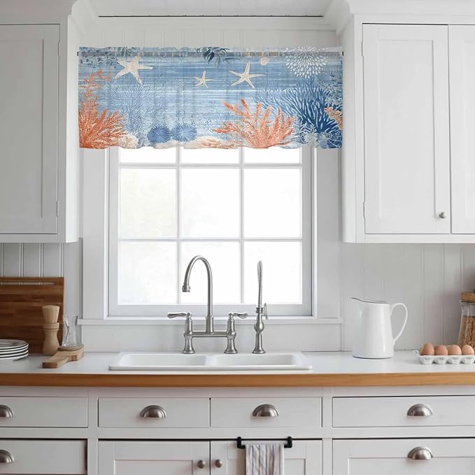 Ocean Corals Sheer Valance Curtains, Summer Beach Coral Sea Stars Blue Stripes