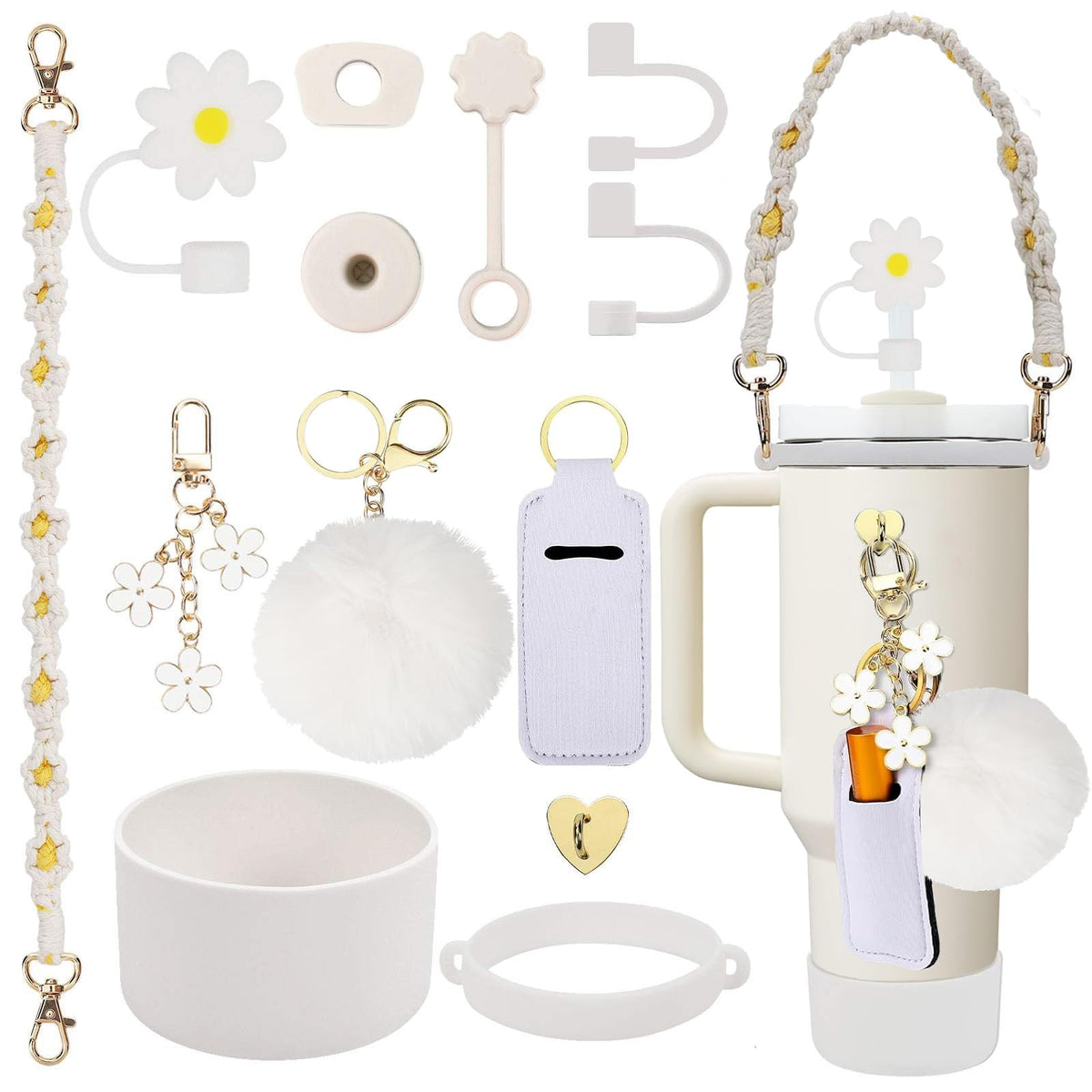 3tyto 13 Pcs Stanley Cup Accessories Set Including Water Bottle Handle Strap, Siliocne Stanley Cup Boot, Siliocne Straw Cover, Stanley Charms for Stanley Cup 40oz & 30oz Tumbler (White)
