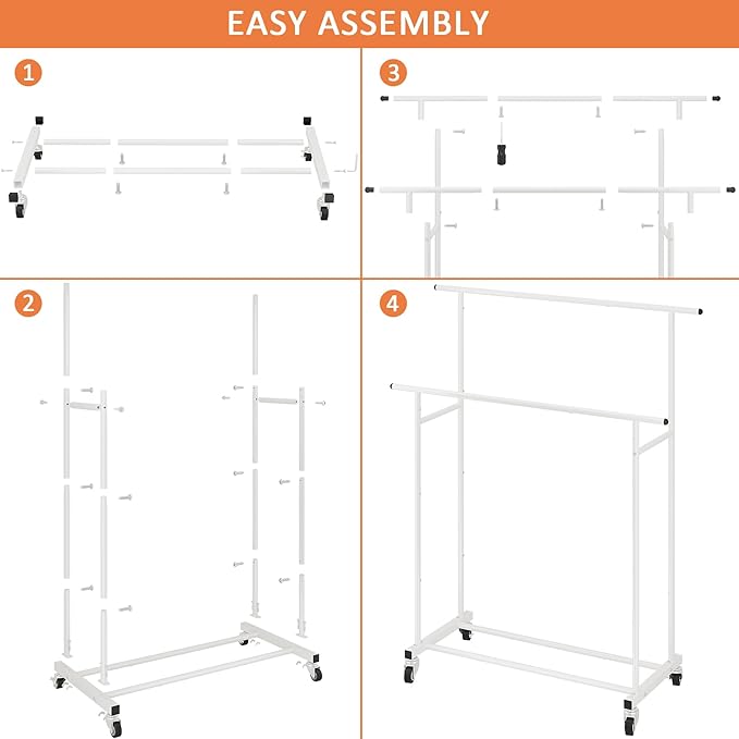 Calmootey Double Rod Clothing Garment Rack,Rolling Hanging Clothes Rack,Portable Clothes Organizer for Bedroom,Living Room,Clothing Store,White