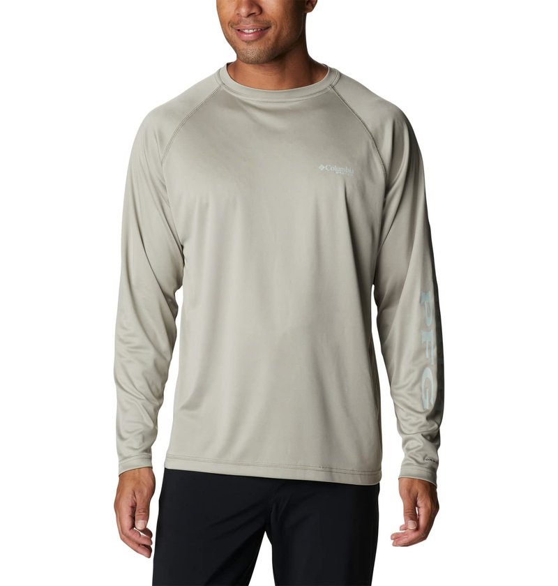 Columbia Men's Terminal Tackle Long Sleeve Shirt, Safari/Cool Green Logo, X-Large Tall