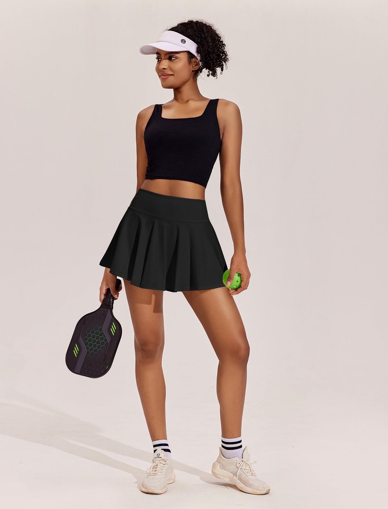 PINSPARK Womens Tennis Skirt High Waist Athletic Golf Skorts with Pockets Inner Shorts Cute Pleated Skirts Black S