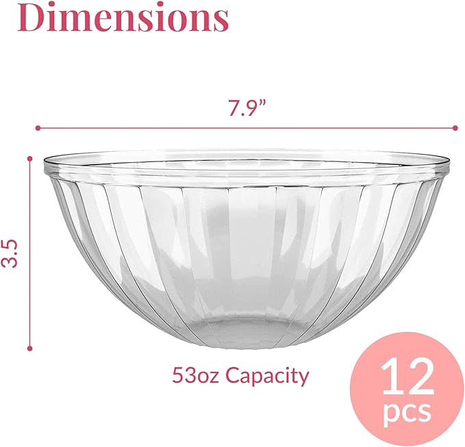 Prestee 12 Pack Clear Plastic Serving Bowls - 53 Oz Round Reusable and Disposable Bowls for Parties and Events - Sturdy and Durable Plastic Bowl for Serving Food, Salads, Snacks, Chips, and Candies