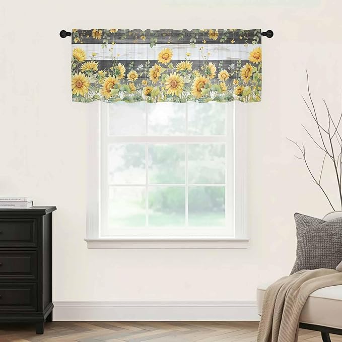 Summer Floral Sheer Valance Curtains, Watercolor Sunflower Eucalyptus Leaves