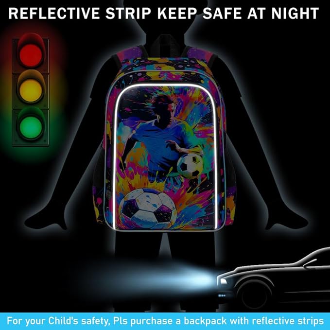KLFVB 3PCS Backpack for Boys, 17" Kids Football Bookbag and Lunch Box, Water Resistant Teenagers School Backpacks for Middle Elementary - Spray-Paint Soccer