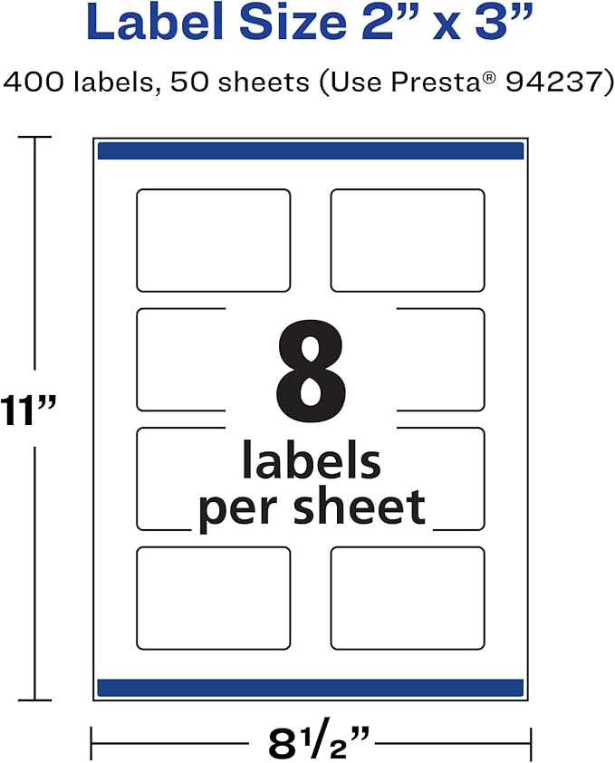 Avery Matte White Rectangle Labels, Sure Feed Technology, 2" x 3", 400 Matte White Printable Labels