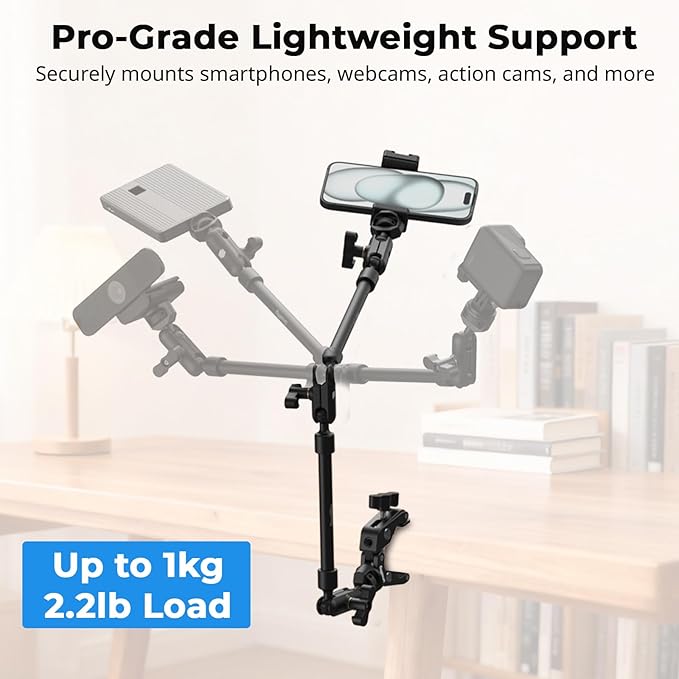 SmallRig 22.4" Magic Arm with Super Clamp, Overhead Phone Mount, Flexible Desk Camera Mount with 1/4" Screw and Cable Clip, Max Load 2.2lb, for iPhone, Action Camera, Video Light, Webcam, Mic - 5625