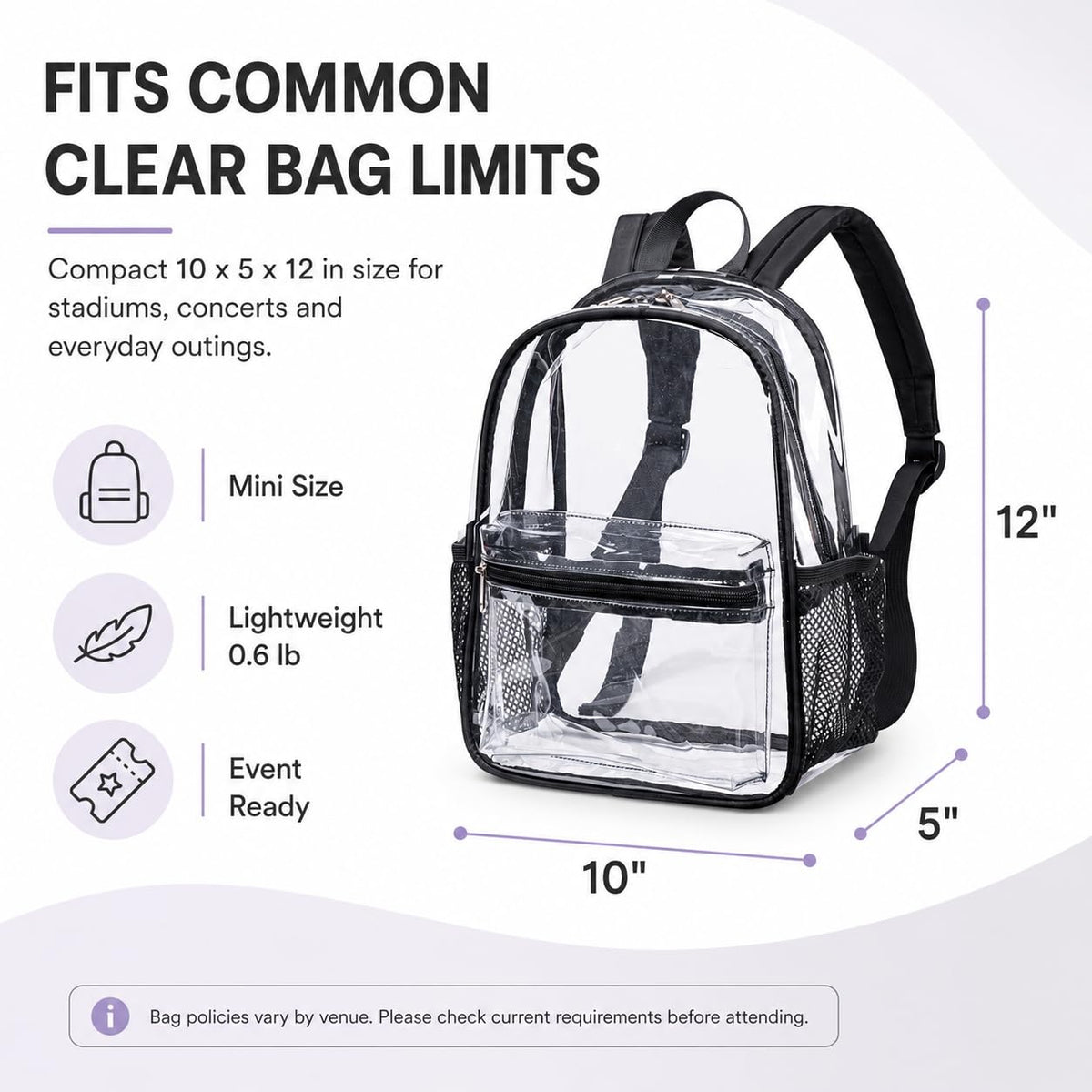 BTOOP Mini Clear Backpack for Stadium Events, 12 x 9 x 5 Inch Transparent PVC Bookbag, Fits Within Common 12x12x6 Stadium Bag Limits, for Concerts, Festivals, Women and Teens