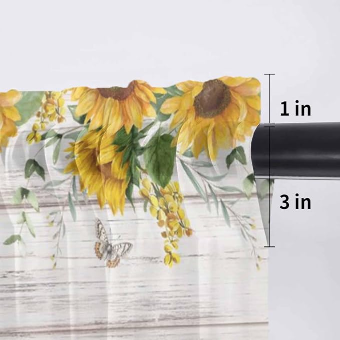 Farmhouses Sunflowers Sheer Valance Curtains, Retro Floral Leaves Red Truck