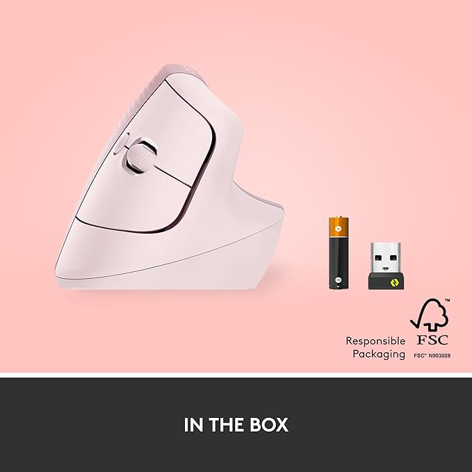 Logitech Lift Vertical Ergonomic Mouse, Wireless, Bluetooth or Logi Bolt USB Receiver, Quiet clicks, 4 Buttons, Compatible with Windows/macOS/iPadOS, Laptop, PC - Rose