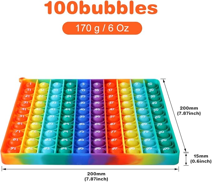 AK-SHIP 7.8in Big Size P0pp Math Toys , Rainbow Square Fidget Ttoy 100bubbles Stress Relieving Fidget Game for Teachers to Create Kinds of Math Manipulatives【with 1-100 Numbers Tables】