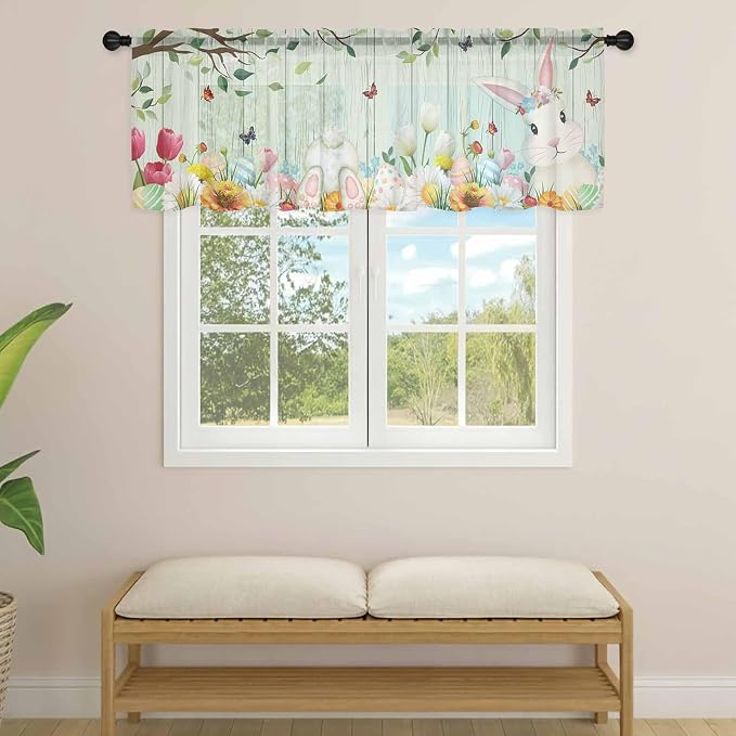 Easter Sheer Valances for Windows 54"x18", Light Filtering Kitchen Curtains