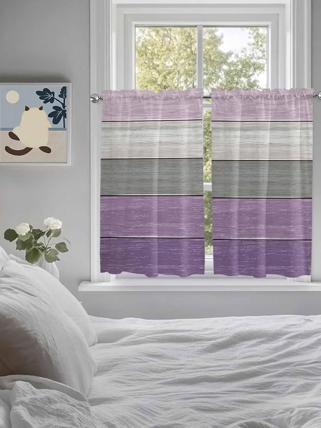 Country Wood Board Gray Purple Window Valance Curtains, Farmhouse Gradient