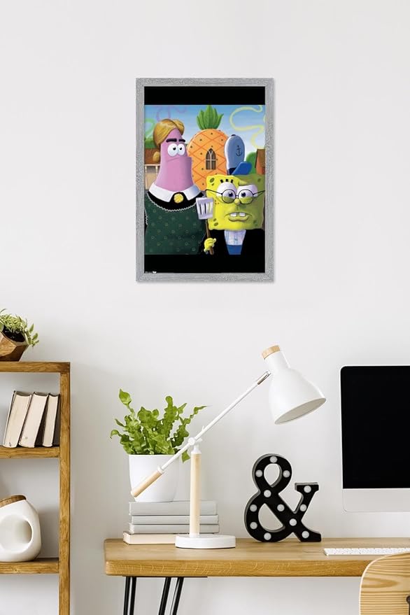 Trends International Nickelodeon Spongebob Squarepants - American Gothic Wall Poster, 22.4L x 14.7W, Gray Framed Version