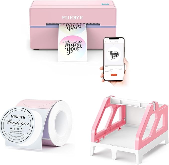 MUNBYN 130B Bluetooth Thermal Label Printer+2 Inch Round Thermal Labels+Pink Label Holder