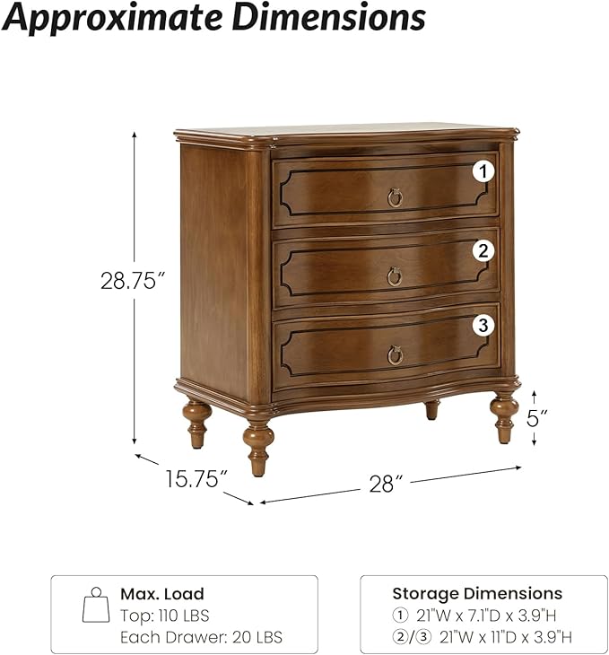 HULALA HOME Traditional Side Table with 3 Drawers, Tall Side Table with Curved Front Profle Desgin, Charging Station, Solid Wood Legs, SEADRIFT
