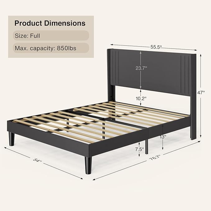 Gizoon Full Bed Frame with Wingback Headboard, Upholstered Platform Bed with Modern Geometric Headboard, Wooden Slats, Noise-Free, No Box Spring Needed