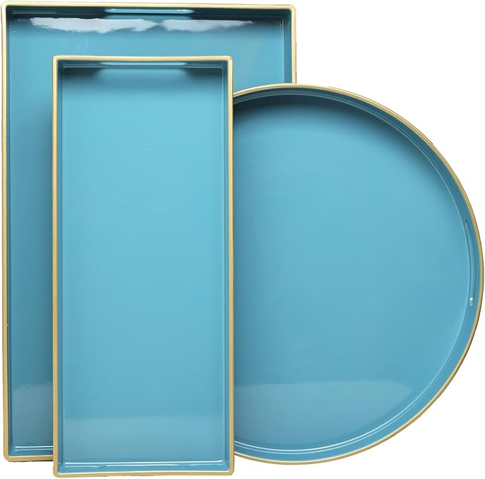 Teal Blue Round Decorative Tray with Handles, 13" Elegant Coffee Table Serving Tray for Ottoman Living Room, Bathroom, Outdoors, Breakfast