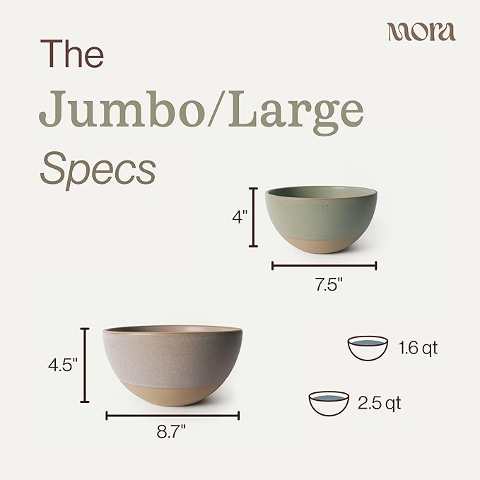 MORA Jumbo and Large Bowls Set of 2, 2.5 and 1.5 Qt Ceramic Pottery Mixing Bowls - Microwave and Dishwasher Safe - Mushroom & Thyme