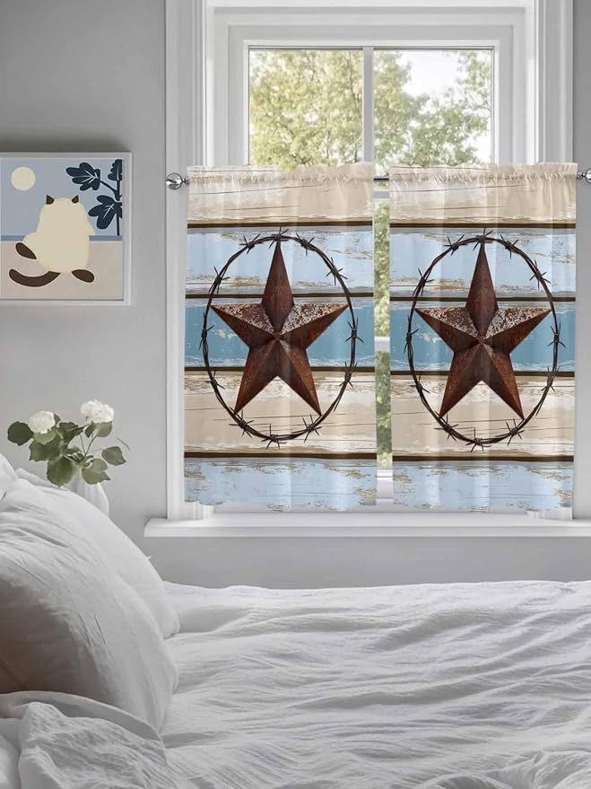 Vintage Western Star on Wood Grain Window Valance Curtains, Retro Wooden