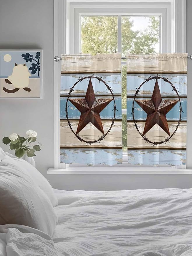 Vintage Western Star on Wood Grain Window Valance Curtains, Retro Wooden
