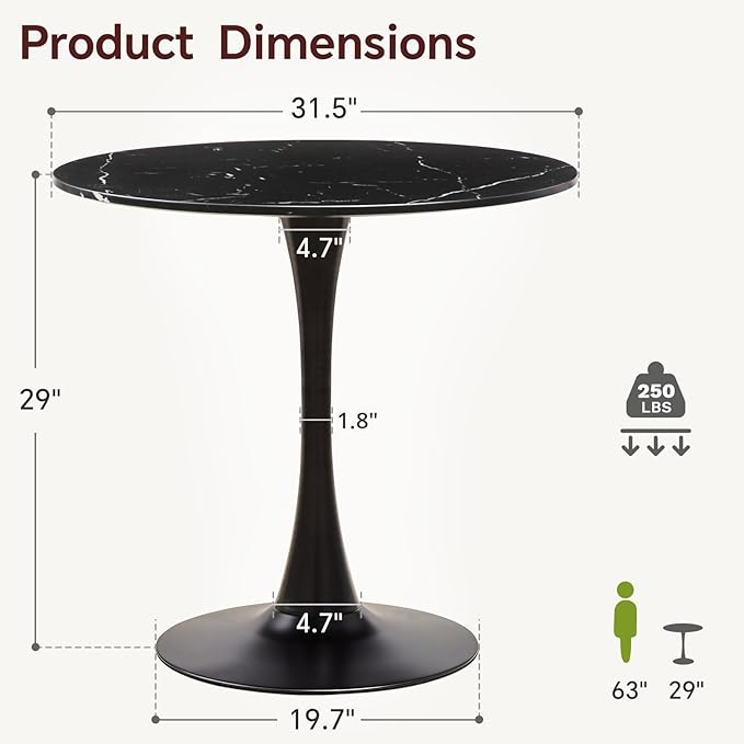 Small Space 31.5 Inch Black Faux Marble Round Tulip Dining Table - Mid Century Pedestal Base Kitchen Table for 2-4 People - Easy Assembly & Easy to Clean
