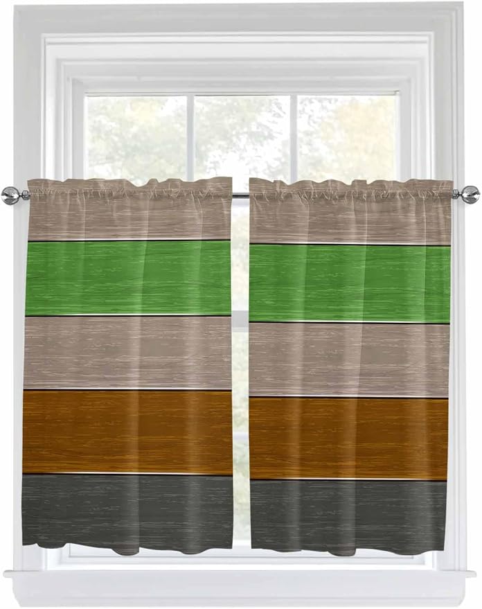 Farm Gray Green Brown Wood Grain Window Valance Curtains, Rustic Wooden Plank